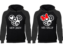 Load image into Gallery viewer, Her Jack and His Sally couple hoodies, raglan hoodie. Charcoal Black hoodie mens, Charcoal Black red hoodie womens.