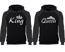 將圖片載入圖庫檢視器 King Queen couple hoodies, raglan hoodie. Charcoal Black hoodie mens, Charcoal Black red hoodie womens.