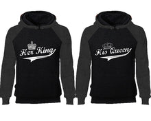 Load image into Gallery viewer, Her King His Queen couple hoodies, raglan hoodie. Charcoal Black hoodie mens, Charcoal Black red hoodie womens.