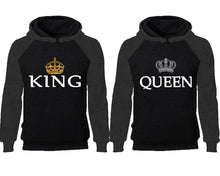 將圖片載入圖庫檢視器 King Queen couple hoodies, raglan hoodie. Charcoal Black hoodie mens, Charcoal Black red hoodie womens.