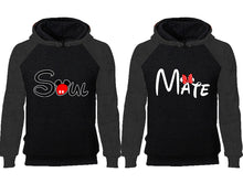 Load image into Gallery viewer, Soul Mate couple hoodies, raglan hoodie. Charcoal Black hoodie mens, Charcoal Black red hoodie womens.