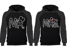 Load image into Gallery viewer, Mr Mrs couple hoodies, raglan hoodie. Charcoal Black hoodie mens, Charcoal Black red hoodie womens.