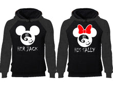 Load image into Gallery viewer, Her Jack and His Sally couple hoodies, raglan hoodie. Charcoal Black hoodie mens, Charcoal Black red hoodie womens.