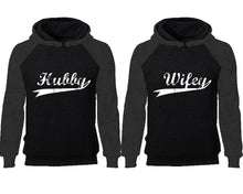 Load image into Gallery viewer, Hubby Wifey couple hoodies, raglan hoodie. Charcoal Black hoodie mens, Charcoal Black red hoodie womens.