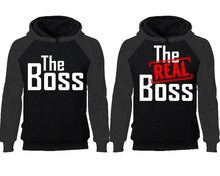 將圖片載入圖庫檢視器 The Boss The Real Boss couple hoodies, raglan hoodie. Charcoal Black hoodie mens, Charcoal Black red hoodie womens.