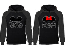 Load image into Gallery viewer, Dad Mom couple hoodies, raglan hoodie. Charcoal Black hoodie mens, Charcoal Black red hoodie womens.