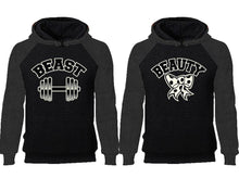 Load image into Gallery viewer, Beast Beauty couple hoodies, raglan hoodie. Charcoal Black hoodie mens, Charcoal Black red hoodie womens.
