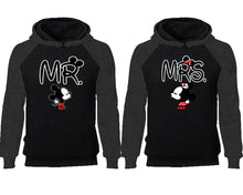 Load image into Gallery viewer, Mr Mrs couple hoodies, raglan hoodie. Charcoal Black hoodie mens, Charcoal Black red hoodie womens.