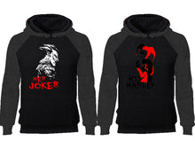 Load image into Gallery viewer, Her Joker His Harley couple hoodies, raglan hoodie. Charcoal Black hoodie mens, Charcoal Black red hoodie womens.
