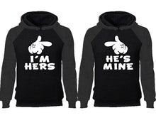 Load image into Gallery viewer, I'm Hers He's Mine couple hoodies, raglan hoodie. Charcoal Black hoodie mens, Charcoal Black red hoodie womens.