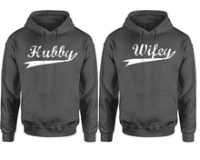 Load image into Gallery viewer, Hubby Wifey hoodie, Matching couple hoodies, Charcoal pullover hoodies. Couple jogger pants and hoodies set.