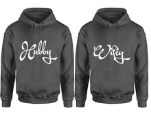 Load image into Gallery viewer, Hubby and Wifey hoodies, Matching couple hoodies, Charcoal pullover hoodies