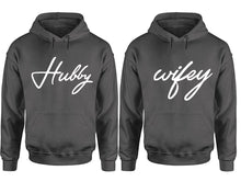 Load image into Gallery viewer, Hubby Wifey hoodie, Matching couple hoodies, Charcoal pullover hoodies. Couple jogger pants and hoodies set.