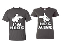 Load image into Gallery viewer, I'm Hers He's Mine matching couple shirts.Couple shirts, Charcoal t shirts for men, t shirts for women. Couple matching shirts.