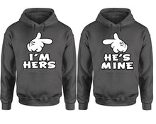 Load image into Gallery viewer, I'm Hers He's Mine hoodie, Matching couple hoodies, Charcoal pullover hoodies. Couple jogger pants and hoodies set.