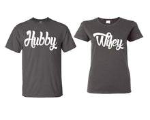Load image into Gallery viewer, Hubby and Wifey matching couple shirts.Couple shirts, Charcoal t shirts for men, t shirts for women. Couple matching shirts.