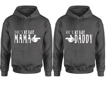 Load image into Gallery viewer, She's My Baby Mama and He's My Baby Daddy hoodies, Matching couple hoodies, Charcoal pullover hoodies