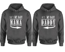 Load image into Gallery viewer, She's My Baby Mama and He's My Baby Daddy hoodies, Matching couple hoodies, Charcoal pullover hoodies