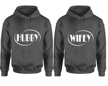 Load image into Gallery viewer, Hubby and Wifey hoodies, Matching couple hoodies, Charcoal pullover hoodies