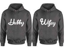 Load image into Gallery viewer, Hubby and Wifey hoodies, Matching couple hoodies, Charcoal pullover hoodies