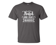 Load image into Gallery viewer, Hustle Hard and Pray Harder custom t shirts, graphic tees. Charcoal t shirts for men. Charcoal t shirt for mens, tee shirts.