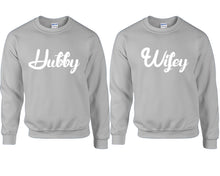 將圖片載入圖庫檢視器 Hubby and Wifey couple sweatshirts. Sports Grey sweaters for men, sweaters for women. Sweat shirt. Matching sweatshirts for couples