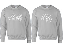 將圖片載入圖庫檢視器 Hubby and Wifey couple sweatshirts. Sports Grey sweaters for men, sweaters for women. Sweat shirt. Matching sweatshirts for couples