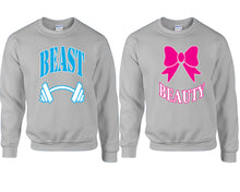 Load image into Gallery viewer, Beast Beauty couple sweatshirts. Sports Grey sweaters for men, sweaters for women. Sweat shirt. Matching sweatshirts for couples
