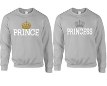 Load image into Gallery viewer, Prince Princess couple sweatshirts. Sports Grey sweaters for men, sweaters for women. Sweat shirt. Matching sweatshirts for couples