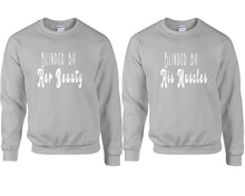 Load image into Gallery viewer, Blinded by Her Beauty and Blinded by His Muscles couple sweatshirts. Sports Grey sweaters for men, sweaters for women. Sweat shirt. Matching sweatshirts for couples