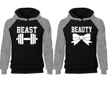 Load image into Gallery viewer, Beast Beauty couple hoodies, raglan hoodie. Grey Black hoodie mens, Grey Black red hoodie womens.