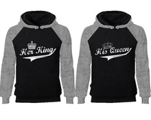 Load image into Gallery viewer, Her King His Queen couple hoodies, raglan hoodie. Grey Black hoodie mens, Grey Black red hoodie womens.