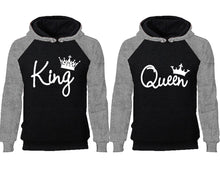 將圖片載入圖庫檢視器 King Queen couple hoodies, raglan hoodie. Grey Black hoodie mens, Grey Black red hoodie womens.