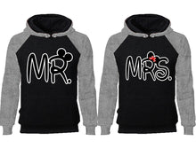 Load image into Gallery viewer, Mr Mrs couple hoodies, raglan hoodie. Grey Black hoodie mens, Grey Black red hoodie womens.