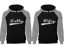 Load image into Gallery viewer, Hubby Wifey couple hoodies, raglan hoodie. Grey Black hoodie mens, Grey Black red hoodie womens.