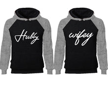 Load image into Gallery viewer, Hubby Wifey couple hoodies, raglan hoodie. Grey Black hoodie mens, Grey Black red hoodie womens.
