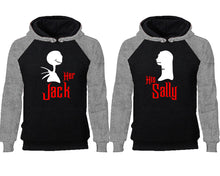 Load image into Gallery viewer, Her Jack His Sally couple hoodies, raglan hoodie. Grey Black hoodie mens, Grey Black red hoodie womens.