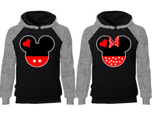將圖片載入圖庫檢視器 Mickey Minnie couple hoodies, raglan hoodie. Grey Black hoodie mens, Grey Black red hoodie womens.