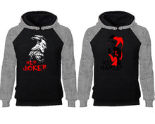 Load image into Gallery viewer, Her Joker His Harley couple hoodies, raglan hoodie. Grey Black hoodie mens, Grey Black red hoodie womens.