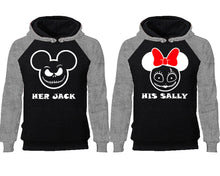 Load image into Gallery viewer, Her Jack and His Sally couple hoodies, raglan hoodie. Grey Black hoodie mens, Grey Black red hoodie womens.