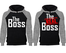 將圖片載入圖庫檢視器 The Boss The Real Boss couple hoodies, raglan hoodie. Grey Black hoodie mens, Grey Black red hoodie womens.