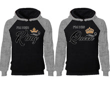 將圖片載入圖庫檢視器 King Queen couple hoodies, raglan hoodie. Grey Black hoodie mens, Grey Black red hoodie womens.