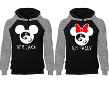Load image into Gallery viewer, Her Jack and His Sally couple hoodies, raglan hoodie. Grey Black hoodie mens, Grey Black red hoodie womens.
