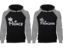 將圖片載入圖庫檢視器 Prince Princess couple hoodies, raglan hoodie. Grey Black hoodie mens, Grey Black red hoodie womens.