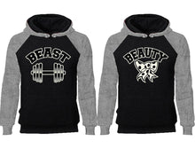 Load image into Gallery viewer, Beast Beauty couple hoodies, raglan hoodie. Grey Black hoodie mens, Grey Black red hoodie womens.