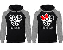 Load image into Gallery viewer, Her Jack and His Sally couple hoodies, raglan hoodie. Grey Black hoodie mens, Grey Black red hoodie womens.
