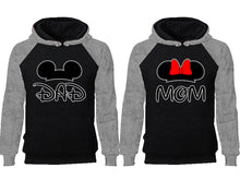 Load image into Gallery viewer, Dad Mom couple hoodies, raglan hoodie. Grey Black hoodie mens, Grey Black red hoodie womens.