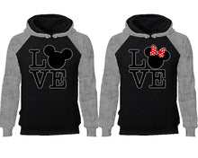 Load image into Gallery viewer, LOVE couple hoodies, raglan hoodie. Grey Black hoodie mens, Grey Black red hoodie womens.