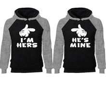 Load image into Gallery viewer, I'm Hers He's Mine couple hoodies, raglan hoodie. Grey Black hoodie mens, Grey Black red hoodie womens.