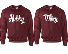 將圖片載入圖庫檢視器 Hubby and Wifey couple sweatshirts. Maroon sweaters for men, sweaters for women. Sweat shirt. Matching sweatshirts for couples